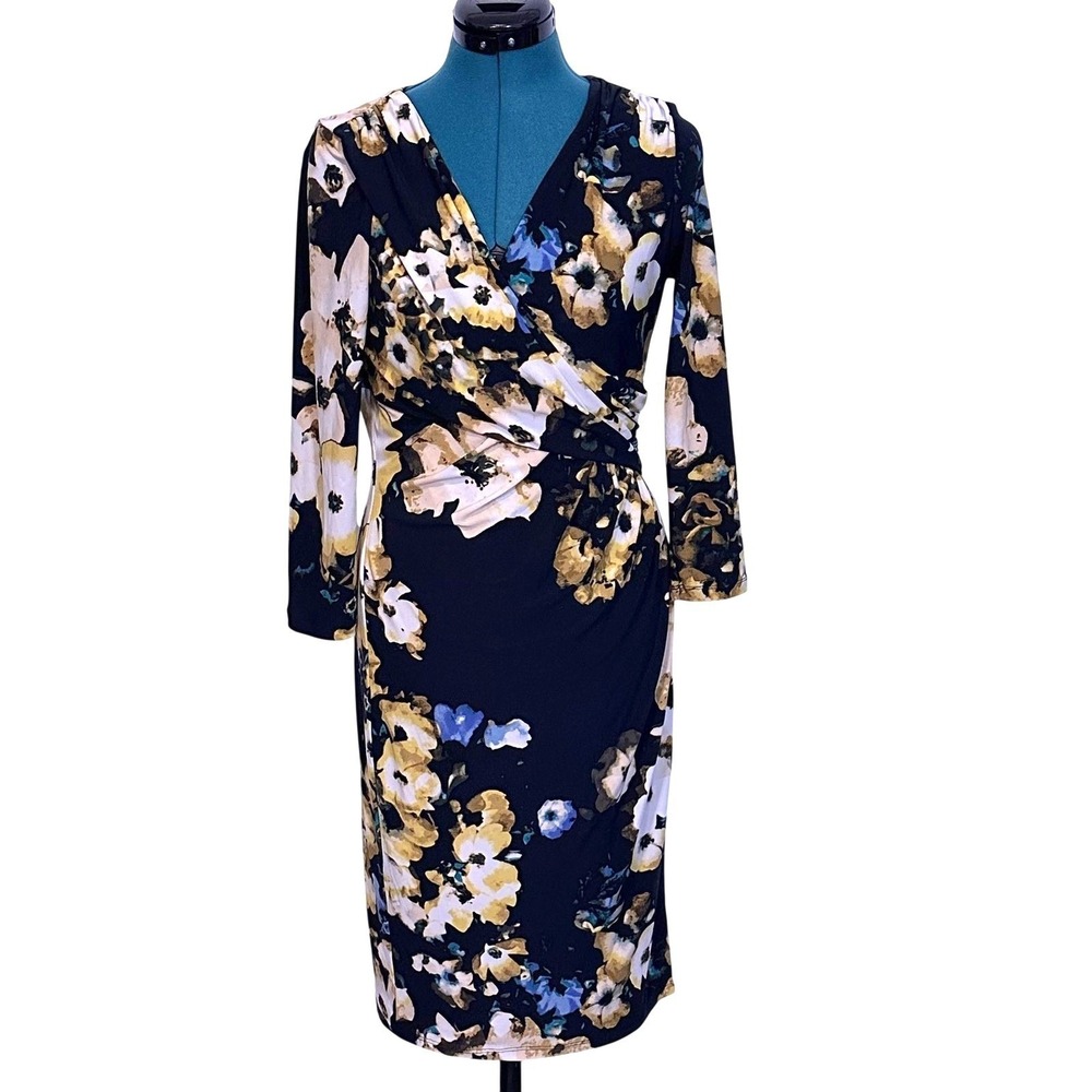Lauren‎ Ralph Lauren Dress Womens 8 Black Floral Wrap Sheath 3/4 Sleeve Jersey